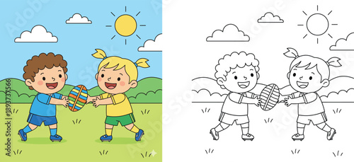 Kids playing rugby in the park coloring book page and colored illustration set for children. Cartoon boy and girl holding a ball on a sunny day with clouds and grass background.