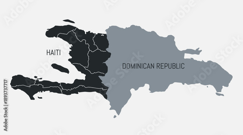 Black and Grey Map of Hispaniola Island: Haiti and Dominican Republic Political Division with Provincial Borders