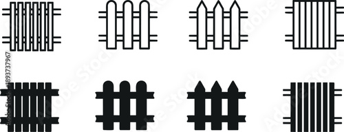 wooden fence vector set, garden or farm palisade, gates or balustrade with pickets. Enclosure railing, banister or fencing sections. Wooden fence and balusters. vector illustration