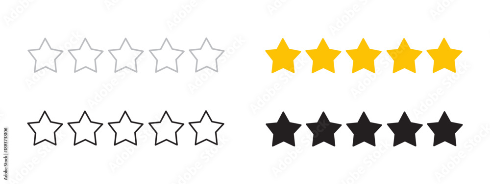 Obraz premium 5 stars review template. Five stars ranking sample illustration. Feedback symbol with transparent stars in four styles. Quality rate sign with transparent, outline, black and gold 5 star icon set
