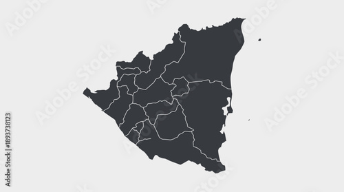 Nicaragua Map Silhouette showing Departmental Boundaries. High-quality geographic illustration of the Central American country on a white background.