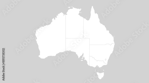 Australia Political Map Template: Blank Outline Vector showing States and Territories (NSW, QLD, VIC, WA, SA, NT, TAS). Geographic and Business Data Visualization.