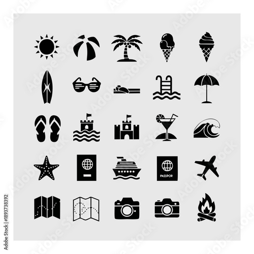 Collection of black travel icons on a white background depicting various leisure activities and symbols
