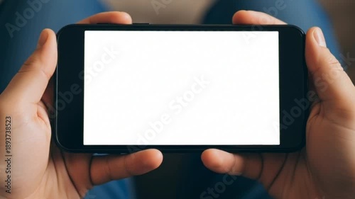 Hands holding a smartphone with a blank screen in a casual setting