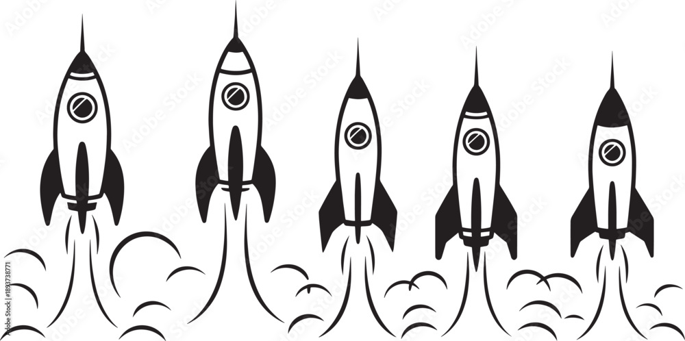 Fototapeta premium Five black and white retro style rockets ascending simultaneously leaving trails of exhaust smoke against a plain background for graphic use.