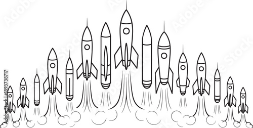 Large collection of thirteen distinct black and white line art rockets launching in an upward curving formation demonstrating scaling and variety in design.