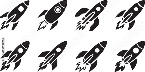 Eight contrasting black and white glyph icons presenting multiple sequential stages of a spacecraft taking off with detailed exhaust plumes visible on a white canvas.