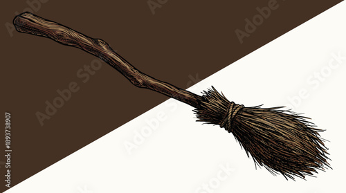 Vintage Witch Broom Illustration. Hand-Drawn Engraving Style Broomstick for Halloween, Magic, and Fantasy Designs on Split Background.