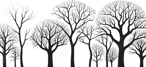 Silhouetted deciduous trees stand against a white background illustrating a stark winter forest scene in graphic style.