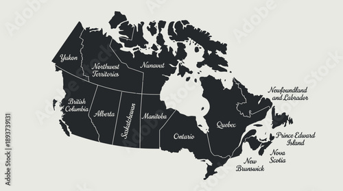 Detailed Black & White Political Map of Canada, Labeled Provinces and Territories (BC, Ontario, Quebec, Yukon, Nunavut)