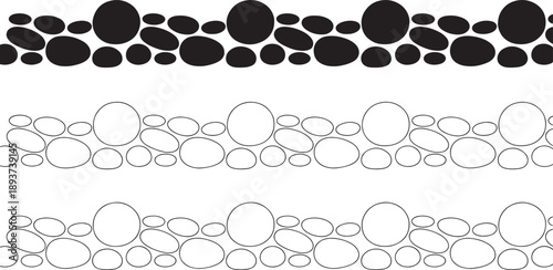Three horizontal bands display different iterations of a stylized stone pattern using black filled shapes and transparent circular overlays for layering effects.