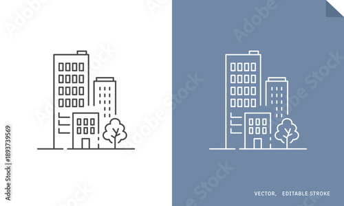 都会のオフィスビル群のベクターアイコン。コーポレートサイトやパンフレットの会社案内に (線画･モノクロ) Editable stroke, Outline, アイスブルーの背景