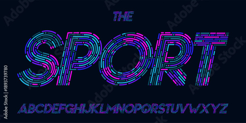 Neon glitch font, rounded digital alphabet, colorful stripes letters, futuristic sport typeface for EDM logo, tech headline, cyber UI typography, dynamic layered typographic design. Vector typeset.