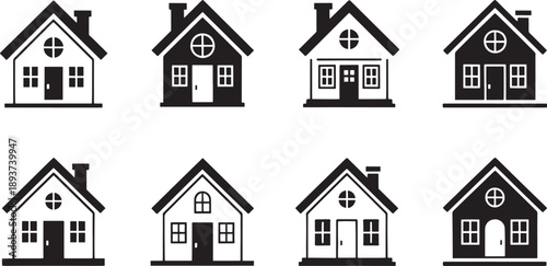 Collection of eight distinct residential house icons featuring varied rooflines and window placements shown in black and white.