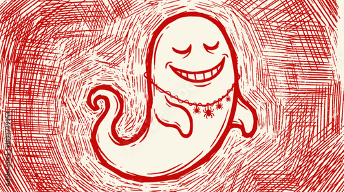 Happy Halloween Ghost Linocut Illustration. Friendly Smiling Character with Spider Necklace in Red Woodcut Print Style.