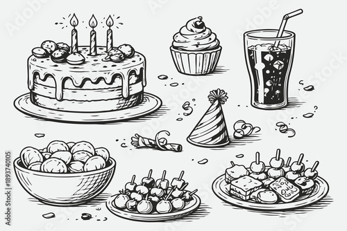 Hand Drawn Party Treats and Celebration Snacks Vector Set