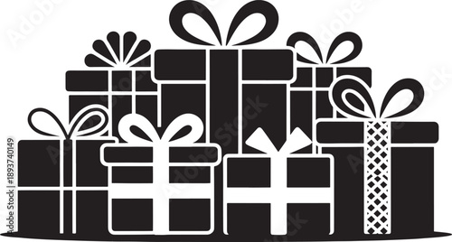 Set of seven varied black and white graphic icons displaying diverse gift boxes with bows, showcasing negative space and solid shapes for maximum contrast and application flexibility.