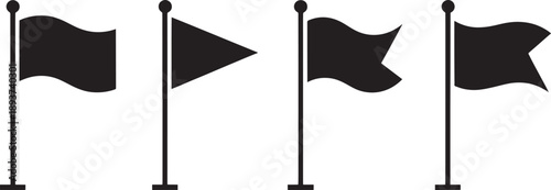 Four distinct flag silhouettes are mounted on vertical poles, displaying rectangular, pennant, swallowtail, and notched banner shapes.