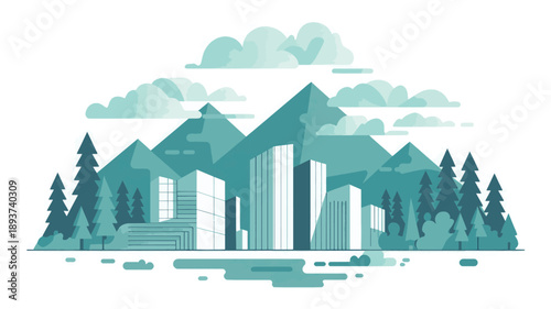 A stylized city skyline nestles within a tranquil natural landscape, featuring modern buildings framed by towering mountains and lush pine trees under soft, cloudy skies, rendered with a.