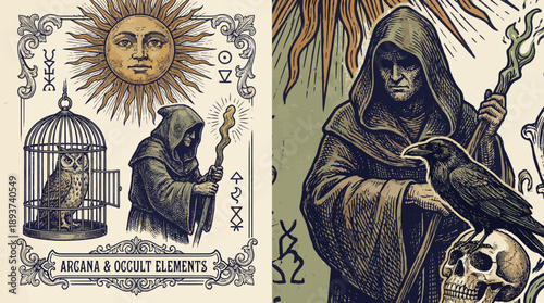 Vintage Occult and Arcana Elements Collection: Wizard, Raven, Skull, and Sun in Medieval Engraving Style. Esoteric Symbols for Dark Magic Design, Tarot, and Mysticism.