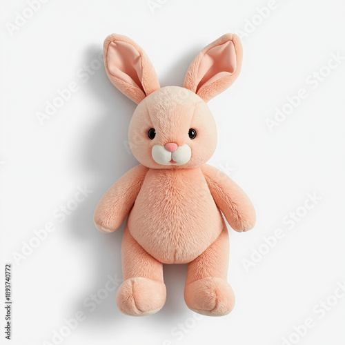 A soft peach plush bunny with large ears and black eyes. It has a pink nose, white mouth area, and sits against a plain white background.