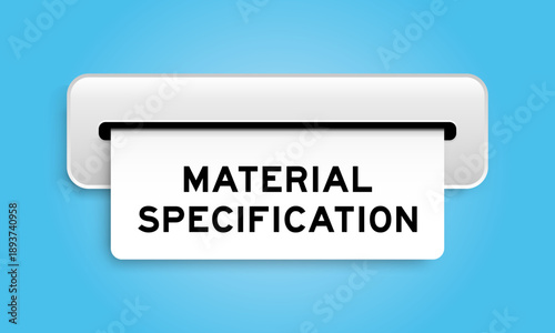 White coupon banner with word material specification from machine on blue color background