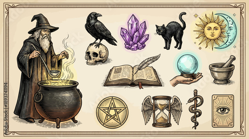 Vintage Magic and Witchcraft Symbols Set: Wizard, Cauldron, Crystal, Pentagram, Skull, Sun, Moon, and Occult Icons in Engraving Style