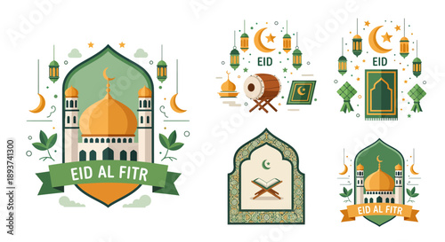 Eid Al Fitr Illustration Vector, Islamic Holiday Badge Design, Mosque Eid Celebration Emblem, Muslim Festival Graphic, Ramadan Kareem Eid Visual