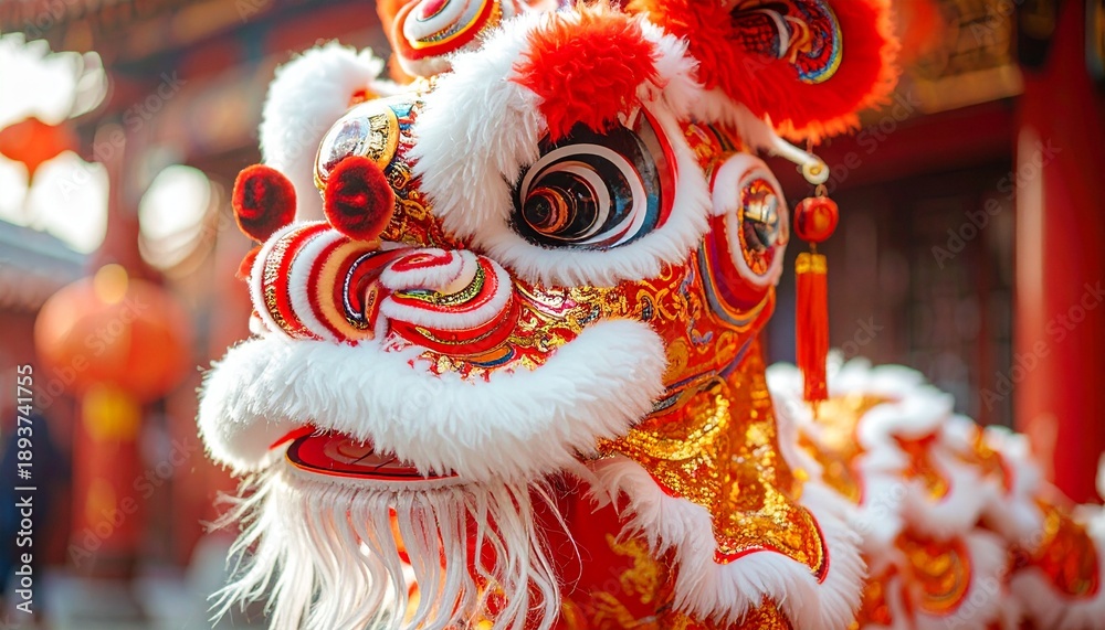 Obraz premium Joyful traditional lion dance costume in vivid colors, symbolizing good fortune and celebration