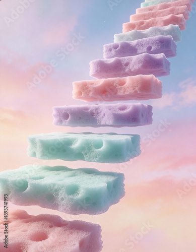 Floating Stair Steps Made of Soft Foam Leading into a Pastel Sky, Playful Surreal Imagination Concept, Whimsical Dreamlike Scene Evoking Creativity and Fantasy Storytelling