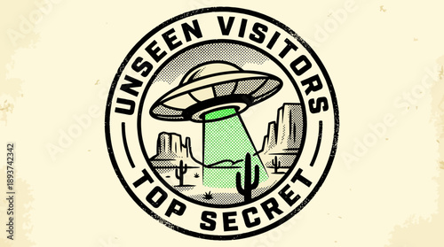 Vintage UFO "Unseen Visitors Top Secret" Badge Logo Illustration | Retro Sci-Fi Alien Flying Saucer Stamp Design in Desert Landscape