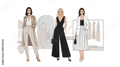 Fashion Illustration of Women in Outfits.