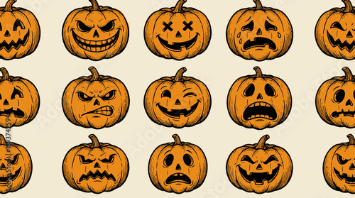 Halloween Pumpkins Collection Pattern. Vintage Engraving Style Jack-o'-lantern Faces with Various Spooky, Angry, and Happy Expressions.