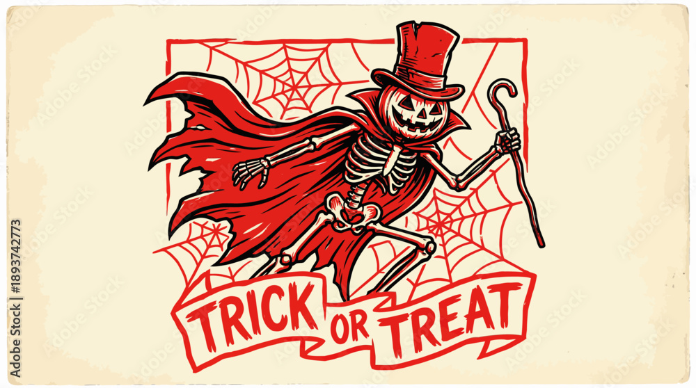 Obraz premium Vintage Halloween Trick or Treat Poster. Dapper Skeleton Gentleman in Top Hat and Red Cape with Jack-o'-Lantern Head. Retro Linocut Style Illustration.