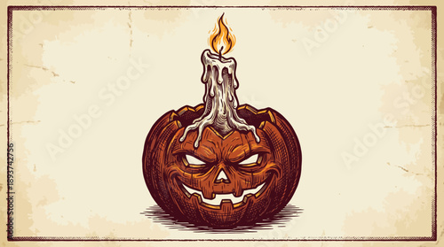 Sinister Jack-O'-Lantern and Melting Candle Illustration. Vintage Engraved Halloween Pumpkin Art on Distressed Parchment Background.