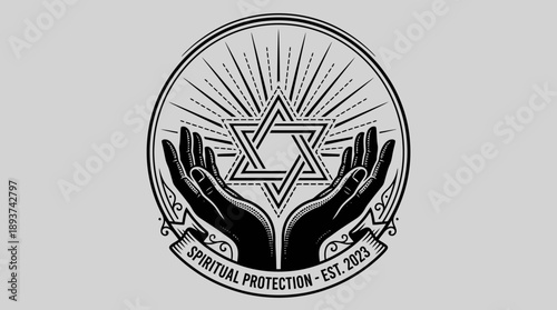 Vintage Star of David Protection Emblem with Hands and Sunburst. Esoteric Logo Design for Spiritual Safety and Divine Guidance.