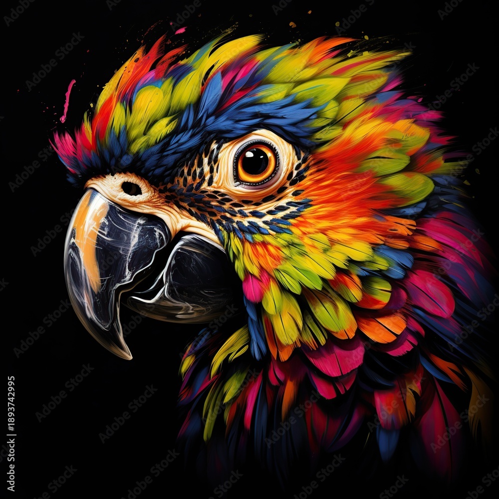 Obraz premium Vibrant Rainbow Parrot Portrait Featuring Multicolored Feathers Against a Black Background