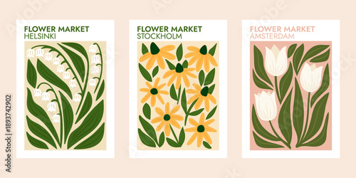 Modern flower market wall art bundle with floral illustrations. Flower market botanical poster collection inspired by global cities