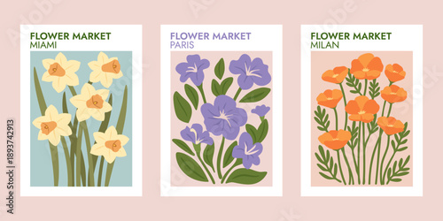 Botanical flower market prints for modern wall decor. City flower market poster set in minimalist botanical style.