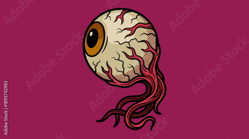 Creepy Eyeball Monster Illustration with Tentacled Optic Nerve. Vintage Tattoo Style Horror Graphic.