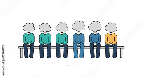 A minimalist illustration depicts a diverse group of people with cloud-like heads, symbolizing anonymity or a lack of individual identity in a waiting room setting.