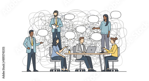 Diverse business professionals engage in a chaotic meeting, illustrating communication challenges and the complexities of group discussion.