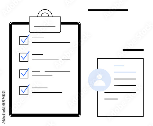 Task management, personal organization, to-do lists, productivity tools, HR processes, administrative tasks. A clipboard with checkmarks next to a document icon with a user profile symbol. Task