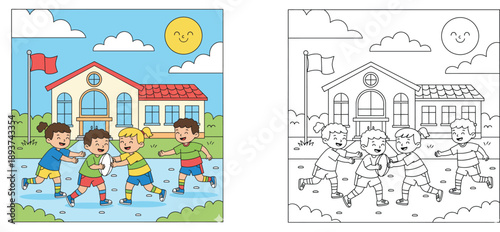 Kids Playing Rugby Sports on School Playground Illustration with Coloring Page Version for Children Education Activity and Fun Outdoor Learning Vector Set