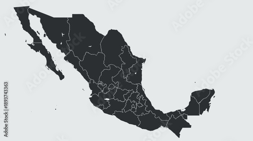 Highly Detailed Black Silhouette Map of Mexico with All Federal States and Political Boundaries