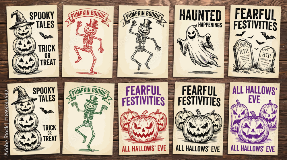 Fototapeta premium Vintage Halloween Posters Collection: Spooky Hand-Drawn Engraving Style Set with Jack-o'-Lanterns, Dancing Skeletons, Ghosts, and Gravestones.