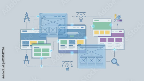This image depicts a comprehensive web design and development workflow, illustrating various stages from wireframing to final interface layouts with interconnected elements and design tools.