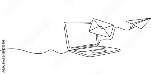 Laptop with envelope and paper plane continuous line drawing. Send message concept. Vector illustration isolated on white, Continuous one line drawing of Notebook connected with paper plane. Laptop