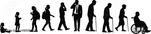 Black silhouettes representing the stages of human life from childhood and school years to professional career, senior aging, and mobility assistance vector illustration.