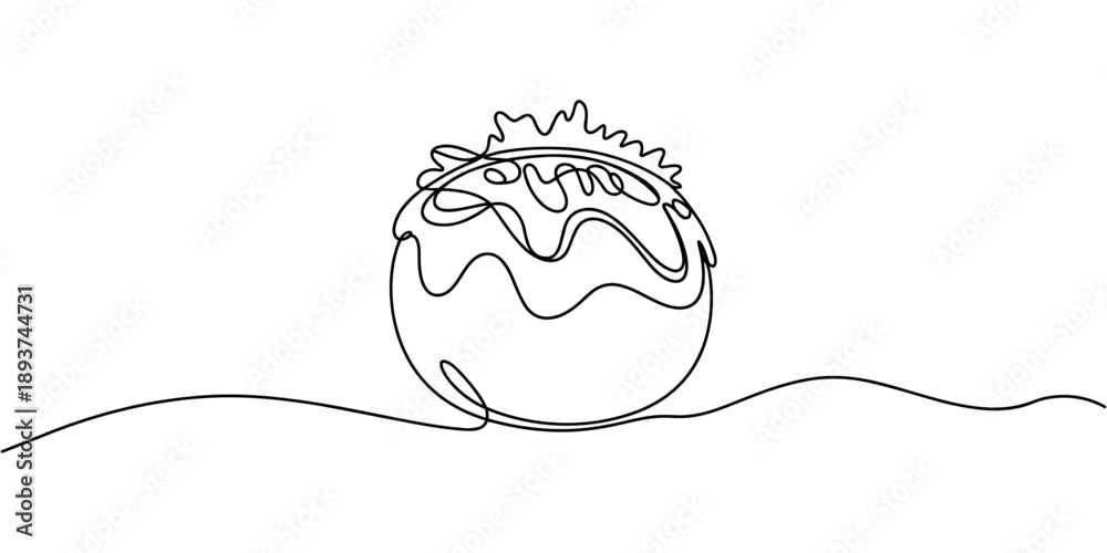 Naklejka premium self drawing of continuous line draw stylized Japanese takoyaki ball logo label. Emblem seafood restaurant concept. Full length one line for cafe, shop or food delivery service.